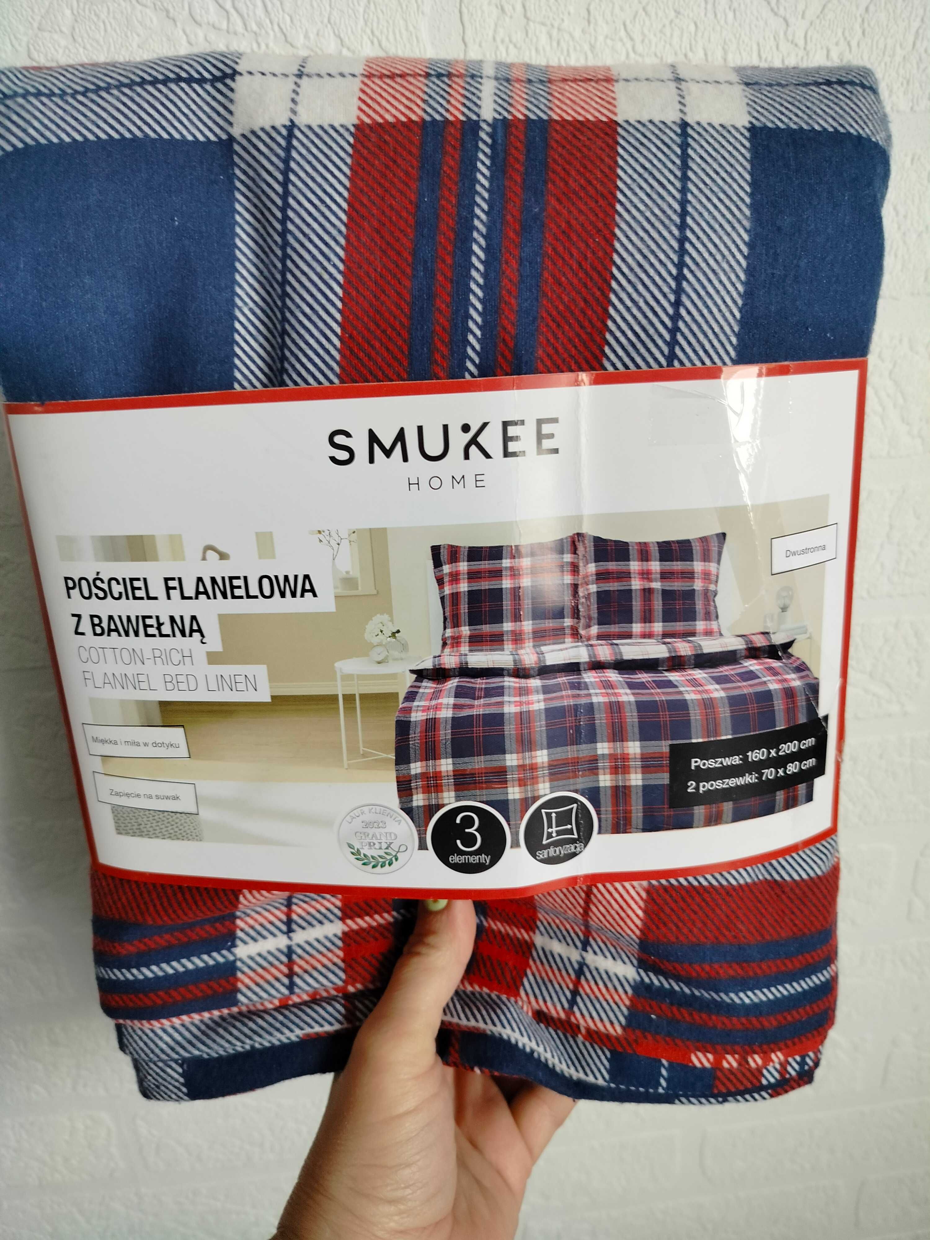 Pościel flanelowa z bawełną dwustronna Smukee 160x200 beżowa kratka