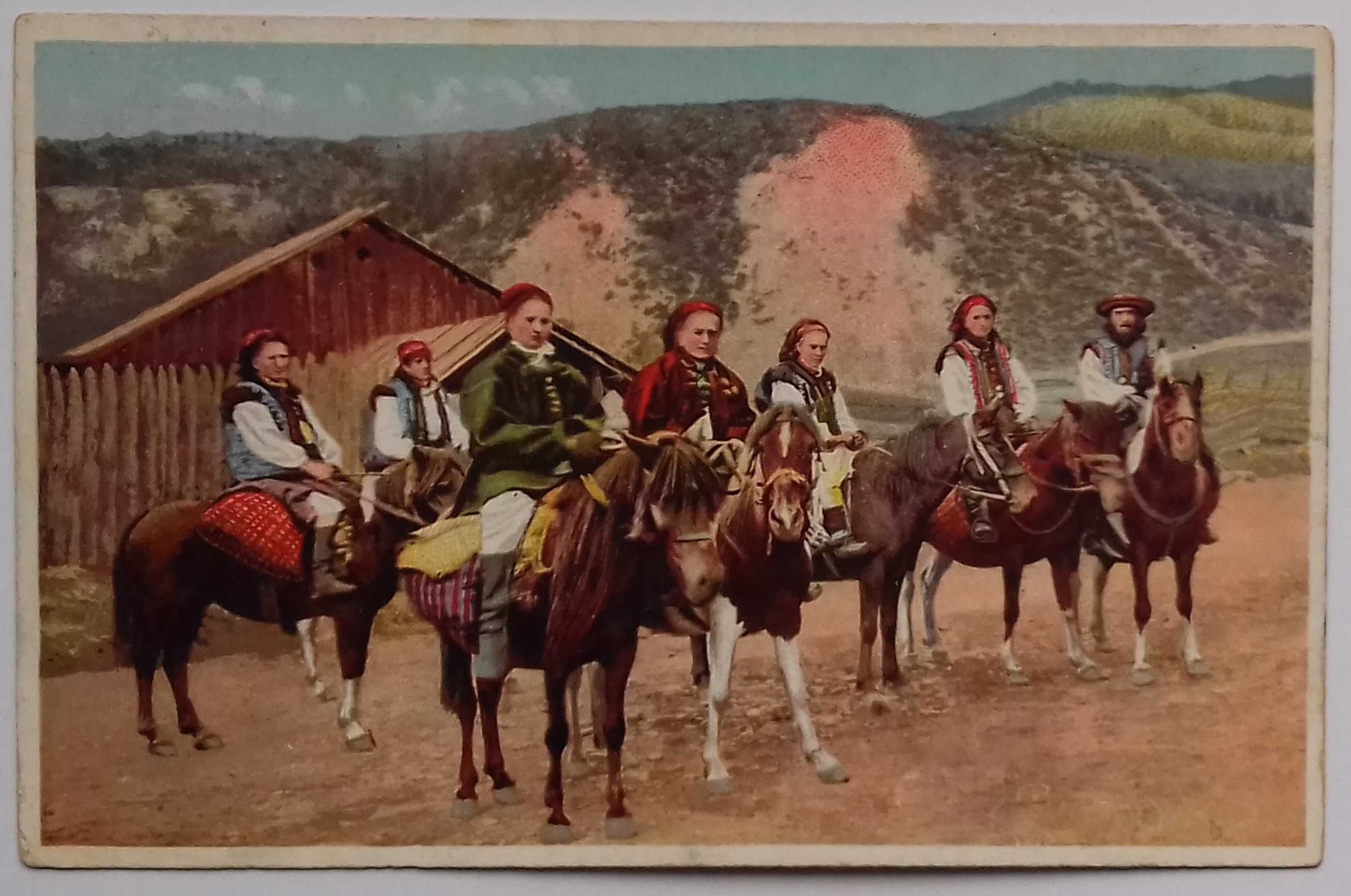 Pocztówka "Huculi na koniach", rok wyd ok. 1915 (Pokucie, Kresy wsch.)