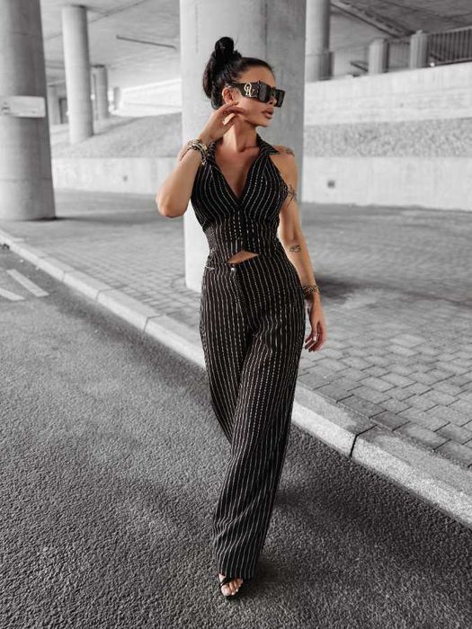 Komplet damski kamizelka spodnie NICE O LA VOGA czarny w paski rozm M