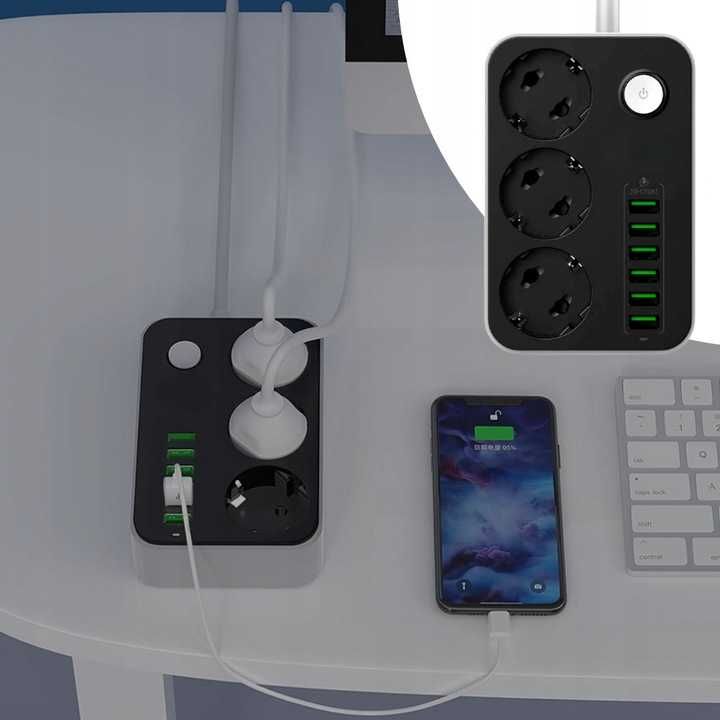 Listwa zasilająca 3 gniazda + 6x usb przedłużacz