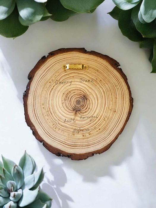 Pintura sobre Fatia de Madeira Rústica - "Ramo de Cerejeira" (19 cm)