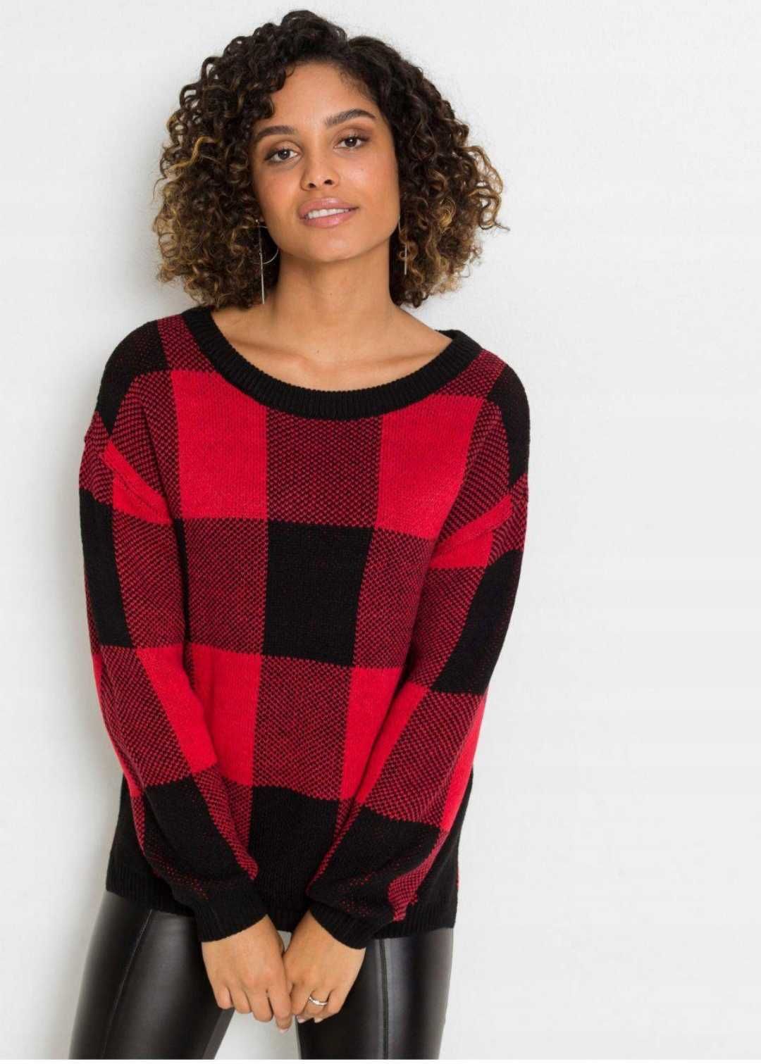 Nowy sweter czerwony damski w kratkę kratę oversize modny 34 xs