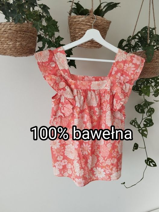 Letnia bluzka w kwiaty, z falbankami, top, zwiewna, różowa, na wakacje