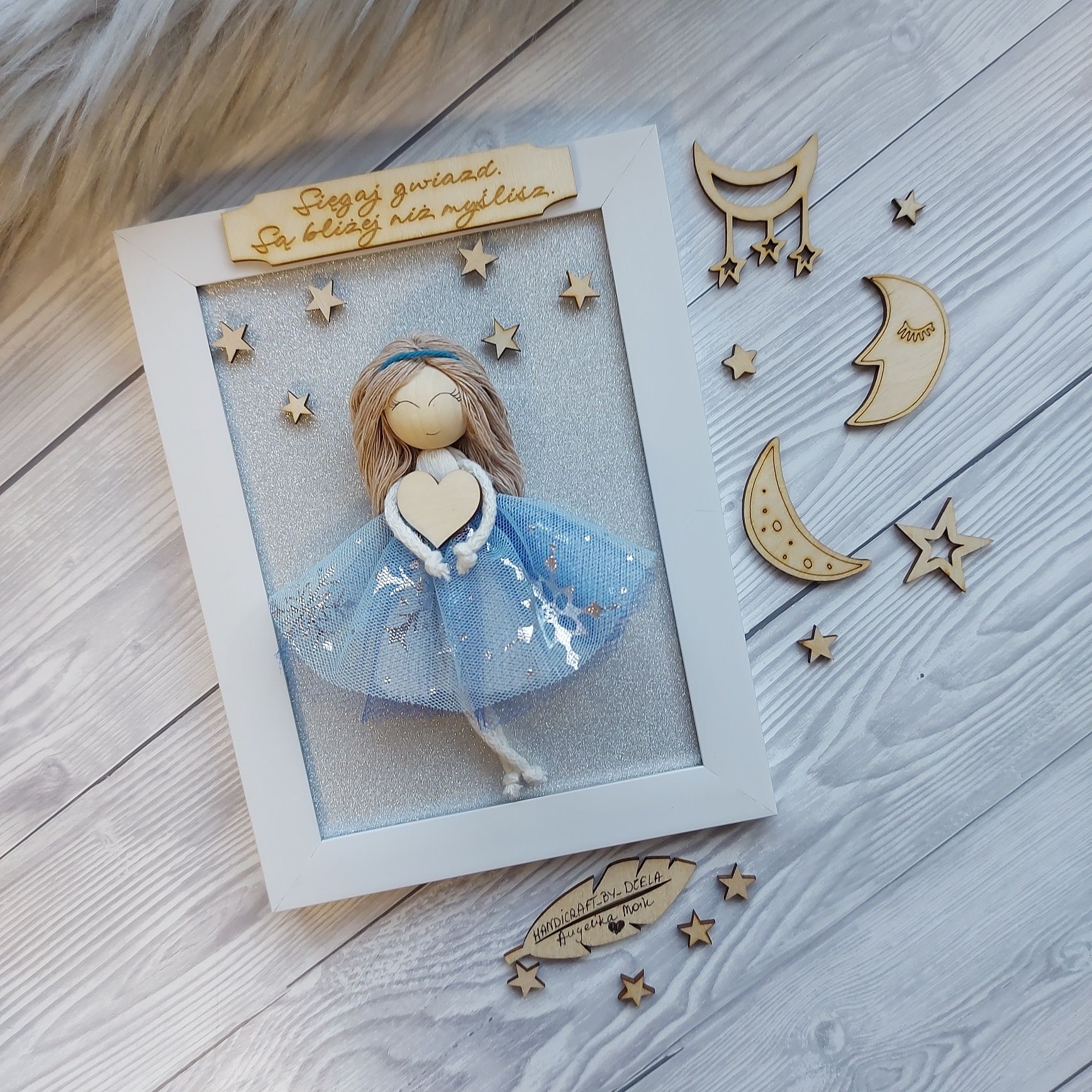 Makramowa lalka laleczka personalizowany obrazek prezent sięgaj gwiazd