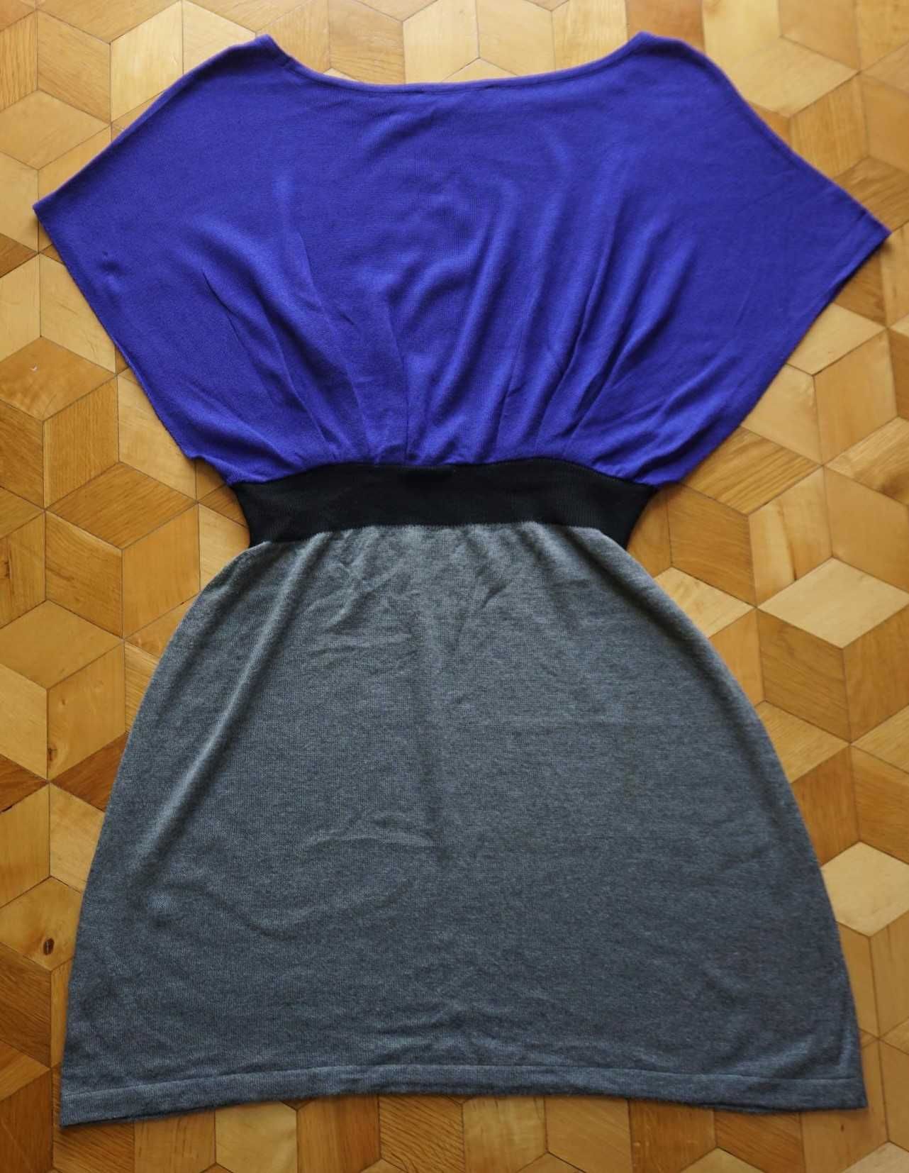 Sukienka dzianina klasyczna 38 M kobaltowa granatowa szara vintage