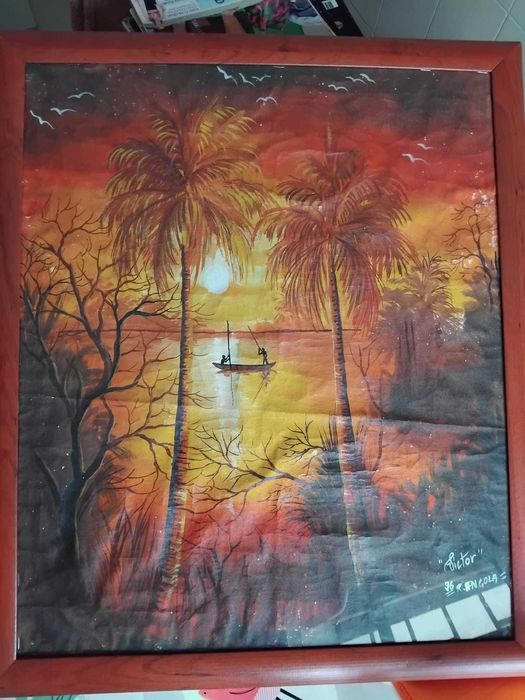 Pintura com moldura de madeira e vidro, assinado