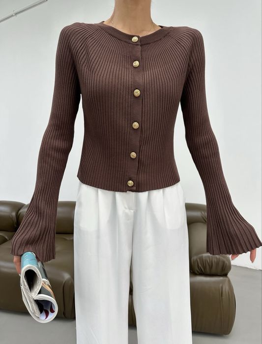 Шоколадний кардиган із золотою фурнітурою, кардиган шоко на ґудзиках