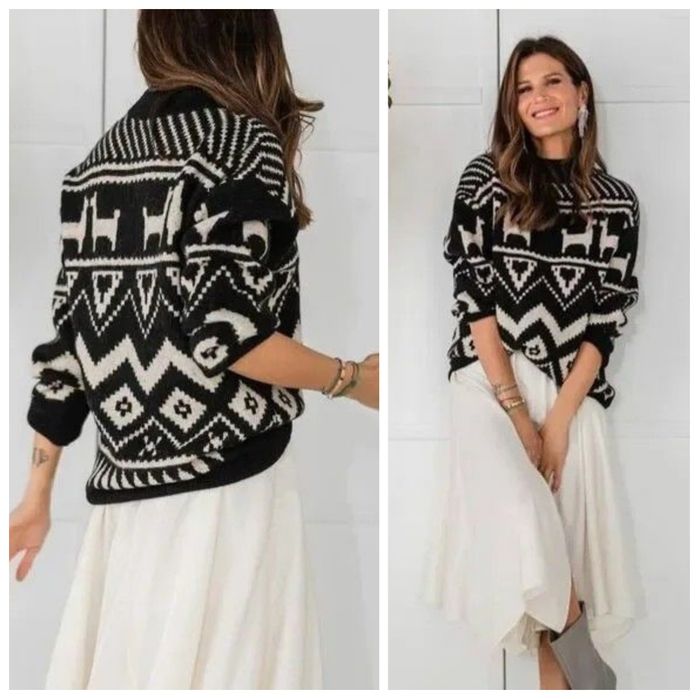 H&M L czarno-biała Oversizowa sukienka świąteczna z wełną skandynawski