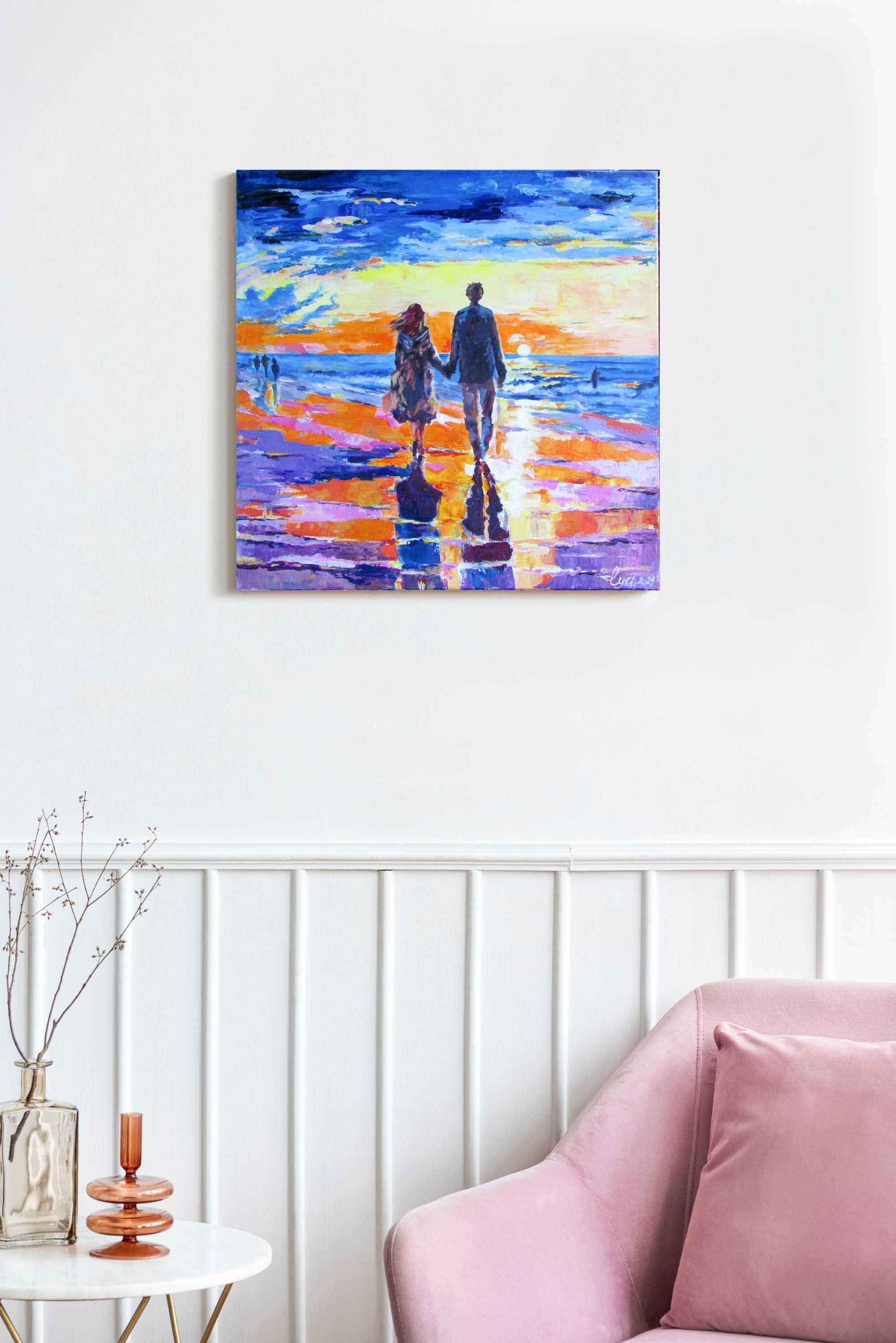Miłość - Para wita zachód słońca na plaży. Najlepszy prezent! 50x50 sm