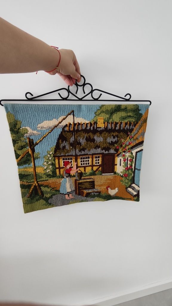 Vintage makatka gobelin wełna zestaw 2 Sztuki wiejski klimat
