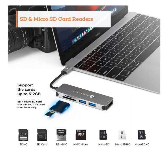 novoo hub 5w1 adapter usb-c 2x usb 3.0 hdmi sd/tf czarny 4k video