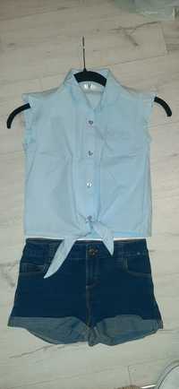 Piękny zestaw casual lato błękitna koszula wiązana szorty jeans r.128