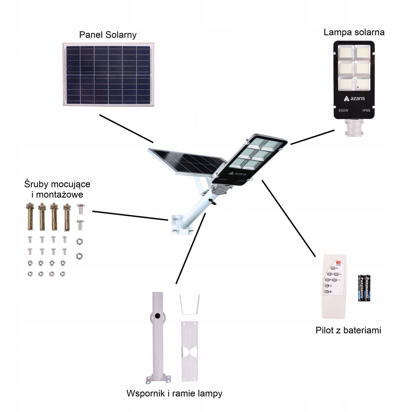 600W Lampa Solarna LED Uliczna Przemysłowa + Montaż