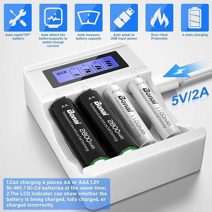 Ładowarka akumulatorów AA, AAA - Bonai MY-C002 LCD Szybka