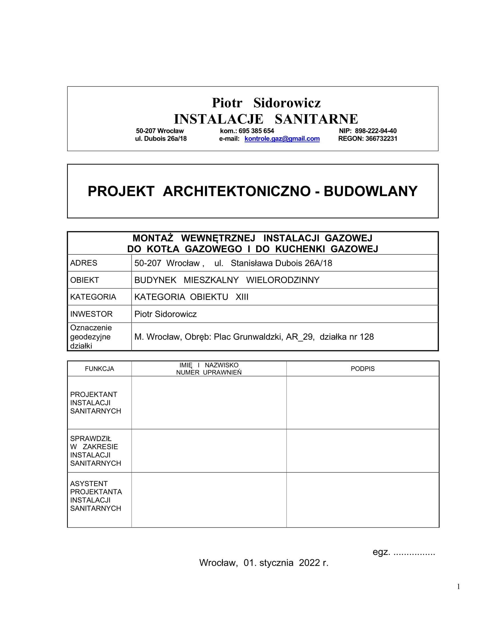 Projekt instalacji gazowej, projekt KAWKA, montaż instalacji gazowej