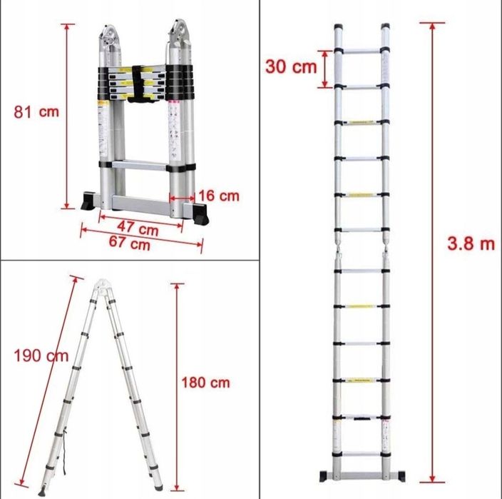 Телескопічна, алюмінієва складна драбина 3,8 м