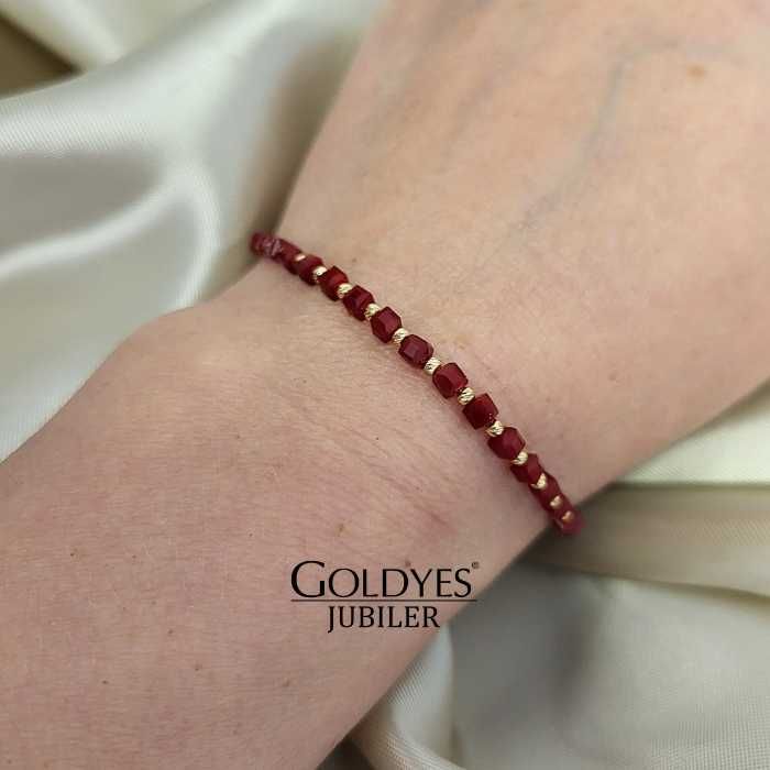 złota bransoletka na sznurku z naturalnymi kamieniami próba złota 585