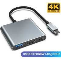 Док-станция 3 в 1 Type-C, USB-A 3.0, USB-C PD 60W, HDMI 4K