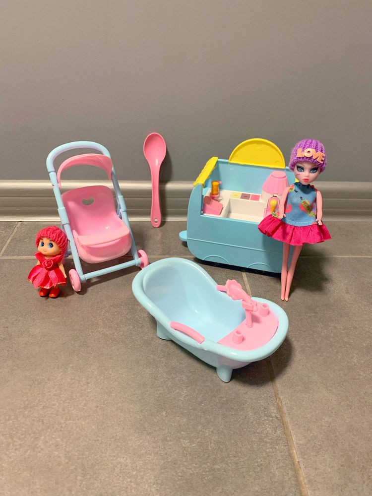 Игровой, детский набор: коляска, куколки, ванночка, машинка-мороженица
