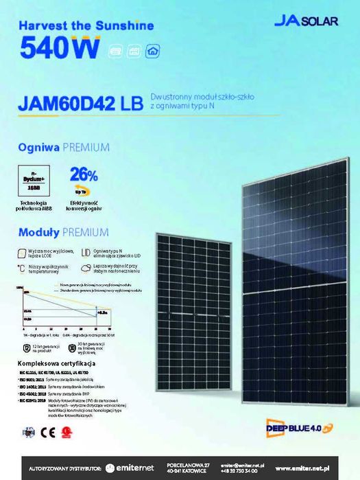 Panel, moduł fotowoltaiczny JA SOLAR JAM60D42-535/LB 535w BIFACIAL!