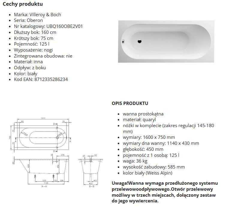 VILLEROY BOCH OBERON wanna prostokątna 160X75 CM