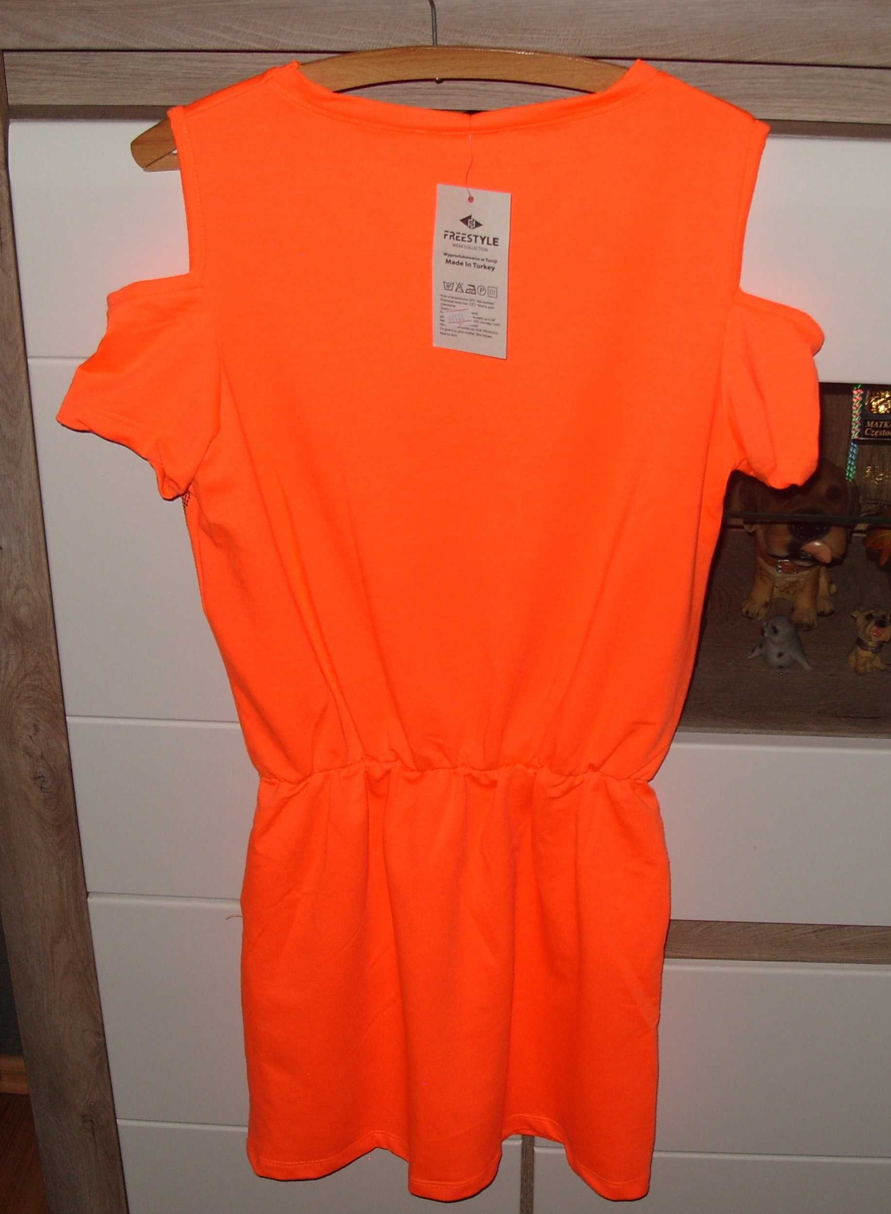 Sukieneczka-Tunika neonowy pomarańcz -cyrkonie FREESTYLE r. M