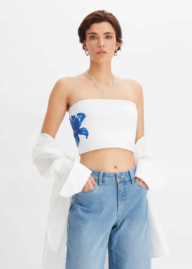 B.P.C top bandeau bawełniany biały z niebieskim nadrukiem r.32/34