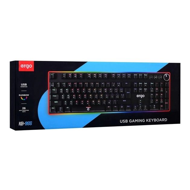 Ігрова Механічна Клавіатура Ergo KB-955, RGB, Blue Switch, чорна