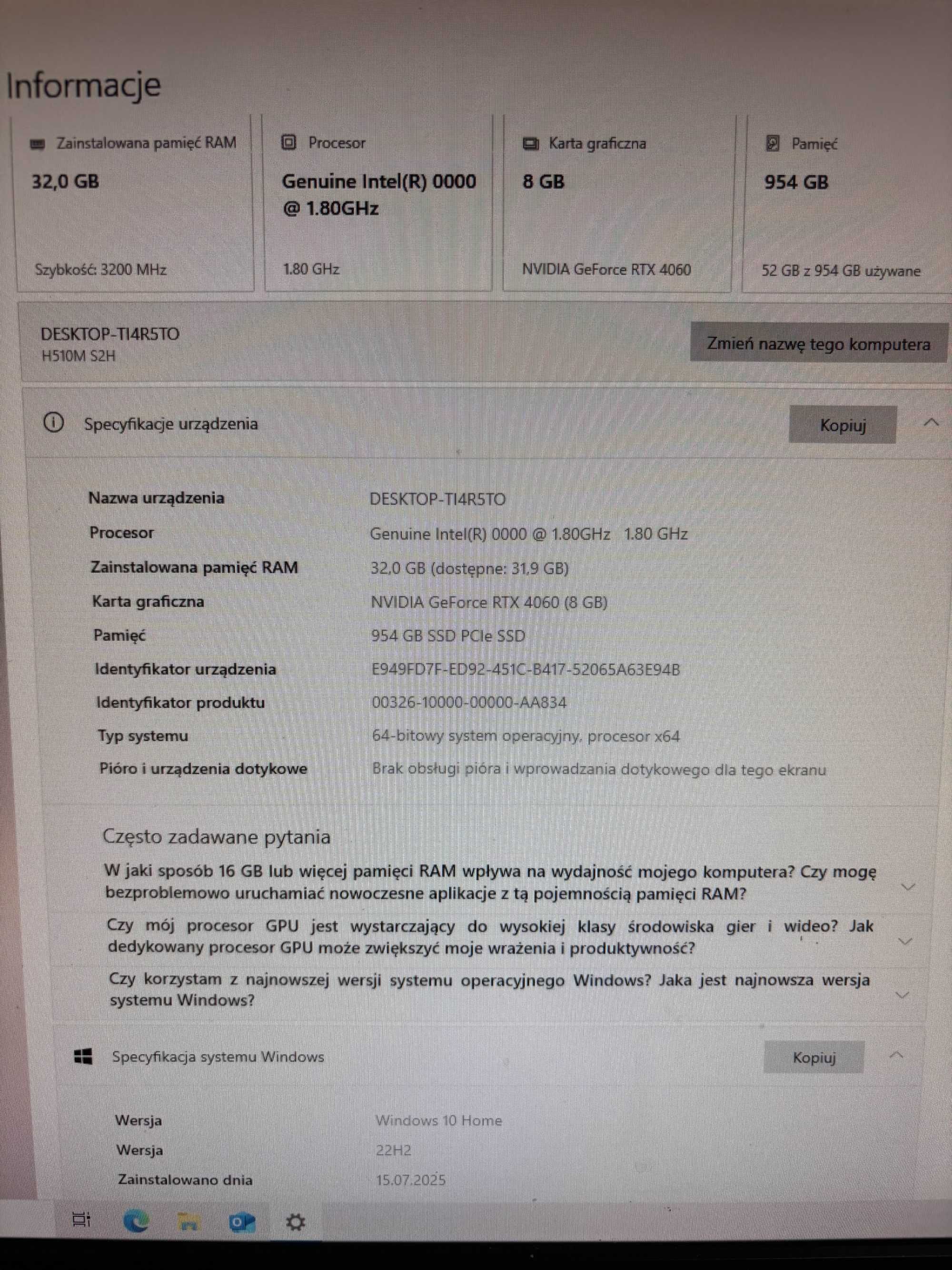 Komputer stacjonarny NVIDIA RTX 4060 INTEL i9-11900ES 32GB RAM 1TB SSD