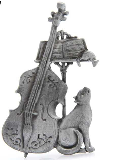 подарок музыканту скрипка брошь брошка серебристая кошка мышь