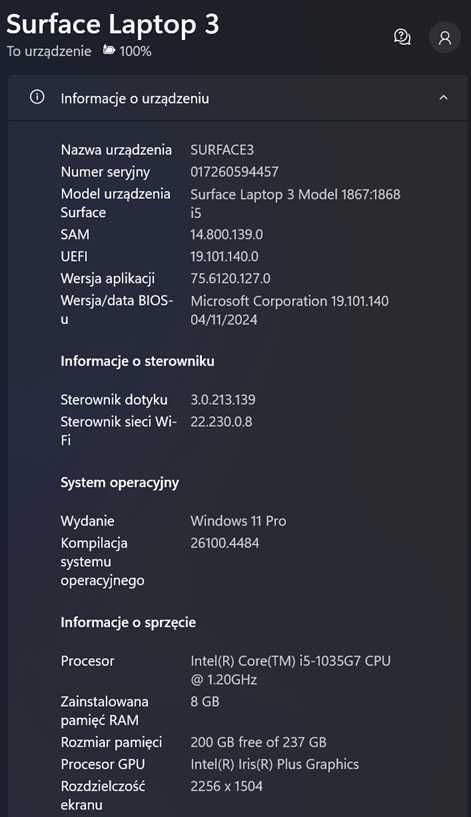 Microsoft SURFACE laptop 3 8Gb 250 GB Windows 10 Pro
