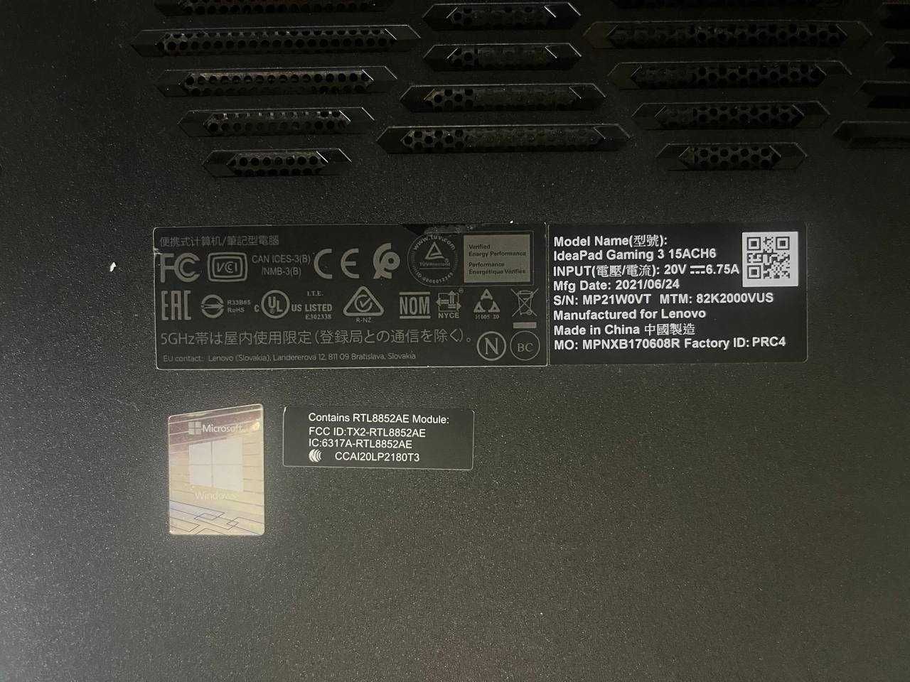 Ноутбук Lenovo IdeaPad Gaming 3 15ACH6 (детали)