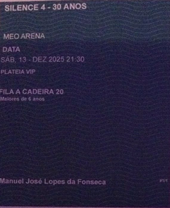 Silence 4 - Sabado 13 Dezembro - Meo Arena - Plateia Vip - 1. Fila