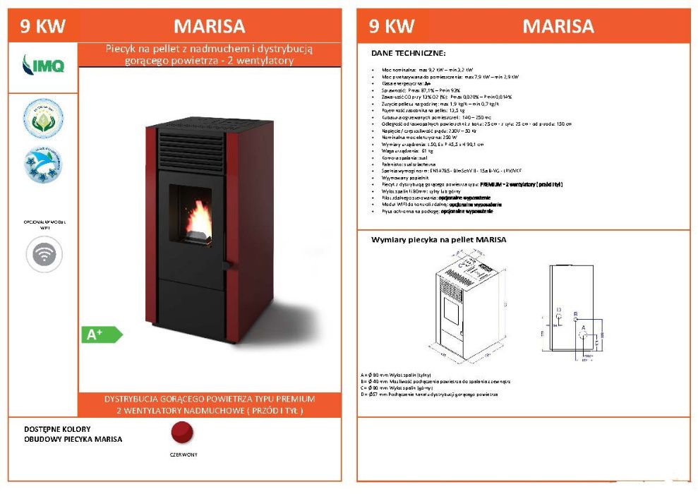 Piec na pelet pellet z DGP, dystrybucją gorącego powietrza Marisa 9 kW