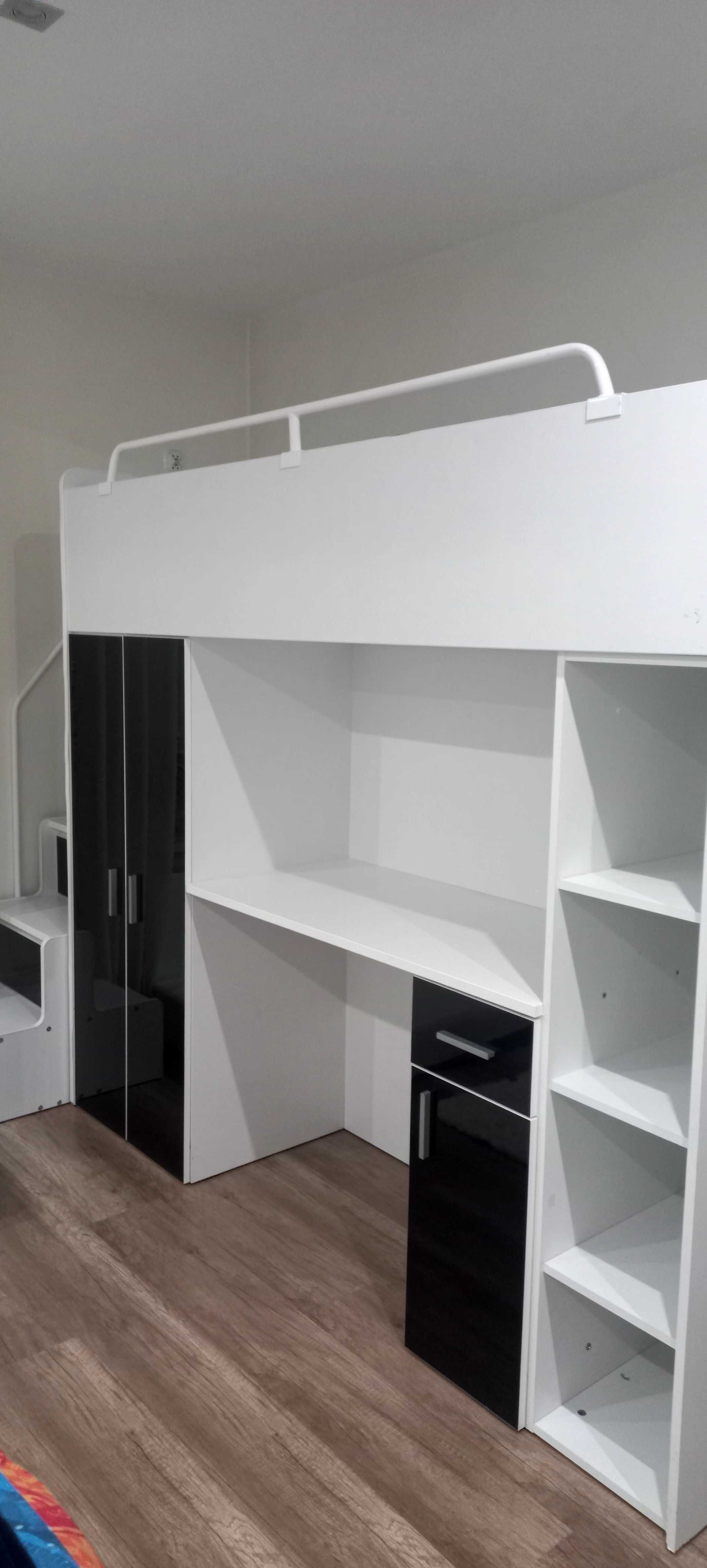 Łóżko piętrowe JSM4 z biurkiem LED i schodami 90x200 Czarny Połysk