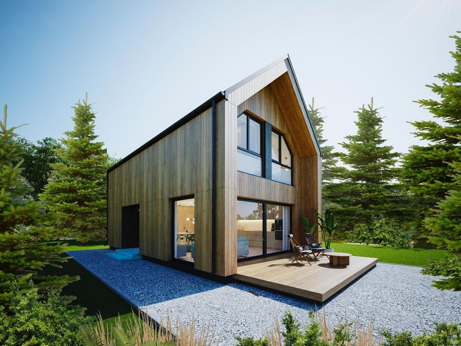 Promocja nowoczesna stodoła, szkielet drewniany certyfikat c24 domek l