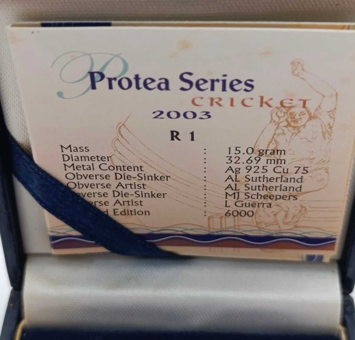 Moeda de prata protea Cricket R1 proof de 2003 da RSA (Reservado)