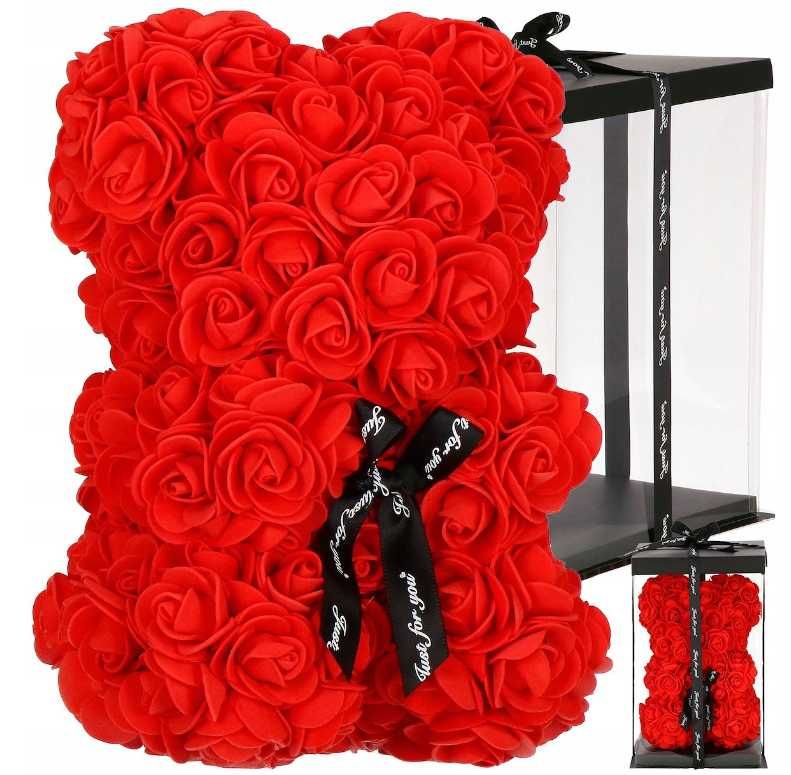 Miś z płatków róż czerwony w pudełku prezent na walentynki hit! 30 cm