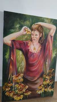Obraz olejny   '' Kobieta z kwiatem  ''
