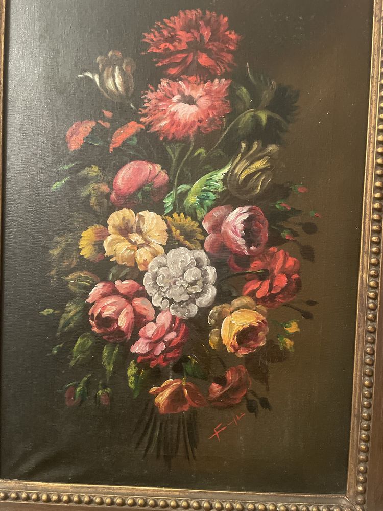 Quadro com pintura a oleo antigo e moldura em madeira dourada