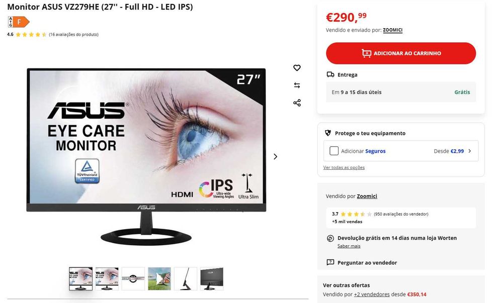 3 Monitores ASUS VZ279HE (27'' Full HD - LED IPS (Ultra FINOS)