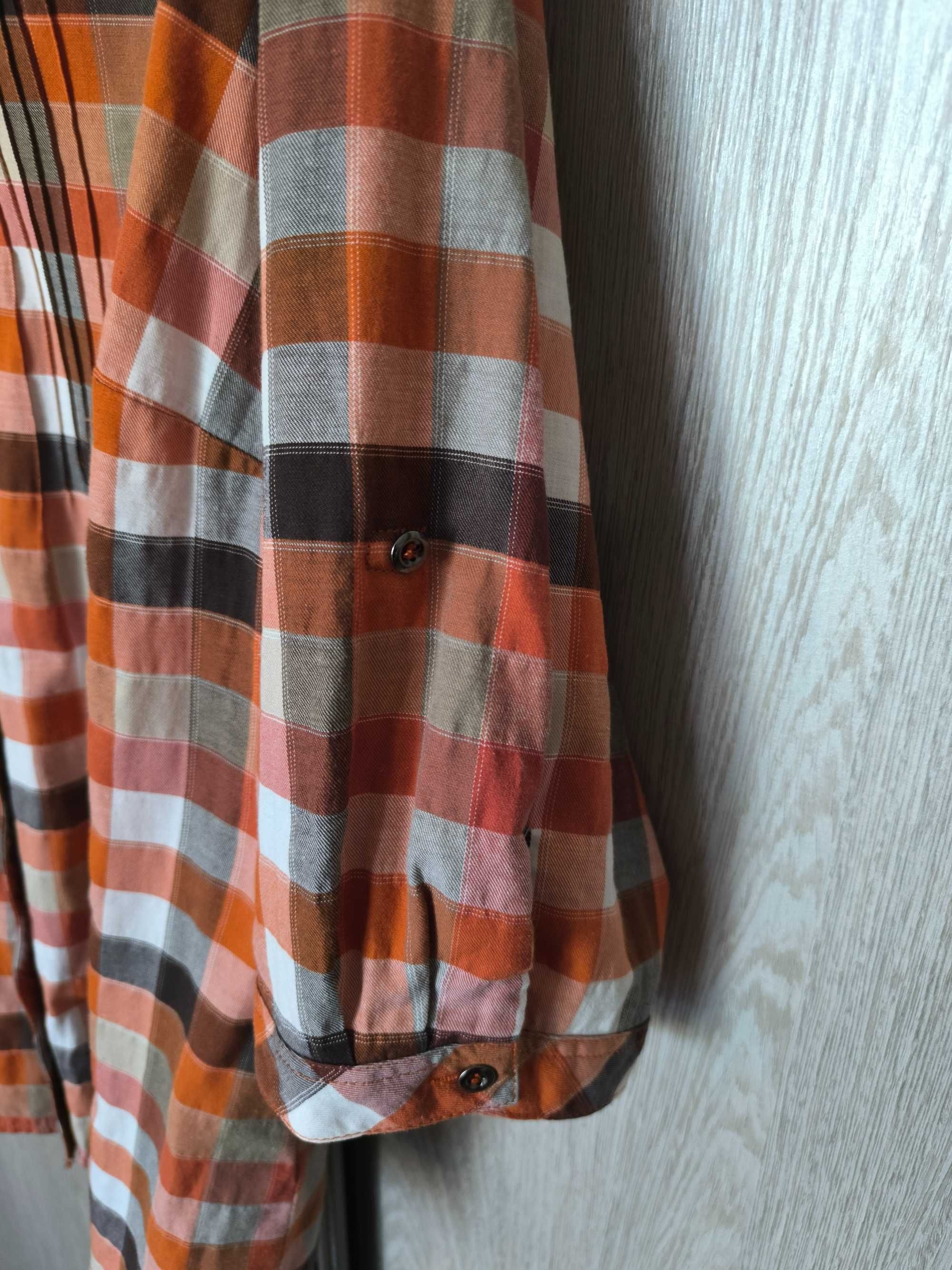 Pomarańczowa koszula w pomarańczową kratę z rękawem 3/4
