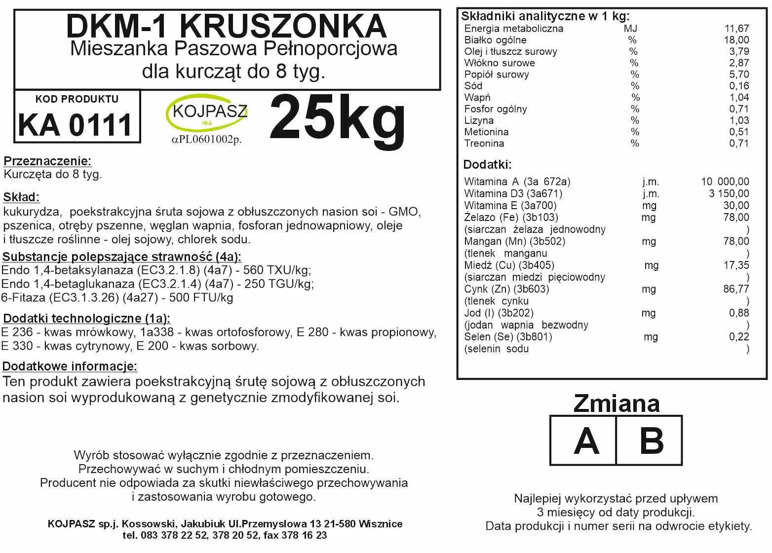 Pasza dla kurcząt DKM-1 w formie KRUSZONKI 25kg KOJPASZ
