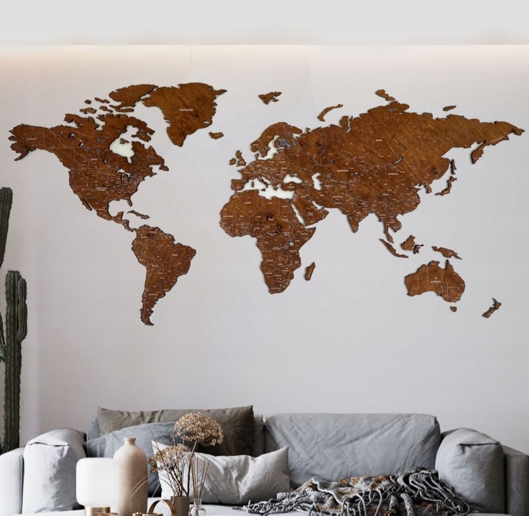 Mapa Świata z drewna rzeki 200x100 kolor Orzech