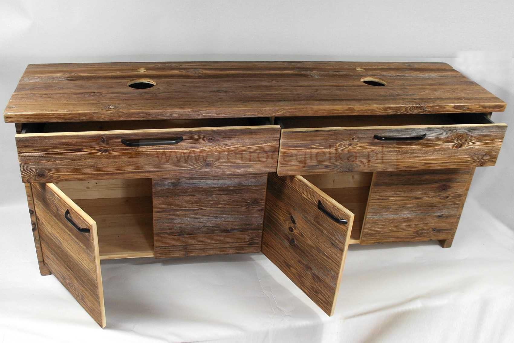 Duża szafka łazienkowa, stare drewno, dwie szuflady oraz drzwiczki