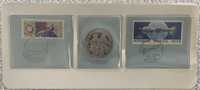 Набор союз - аполлон 1975 г.  Серебрянная медаль и две почтовые марки