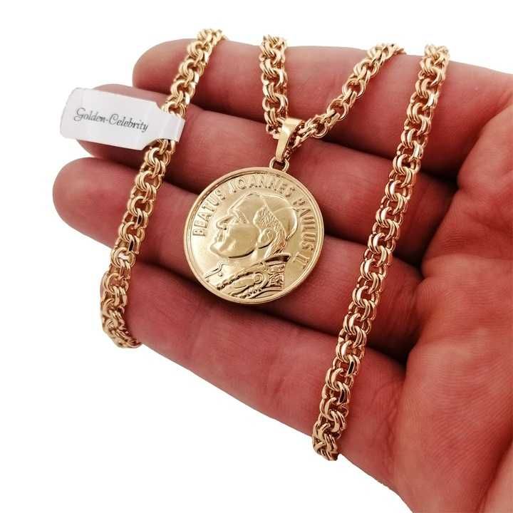 Pozłacany łańcuszek garibaldi 50cm+medalik Jan Paweł II GWARANCJA