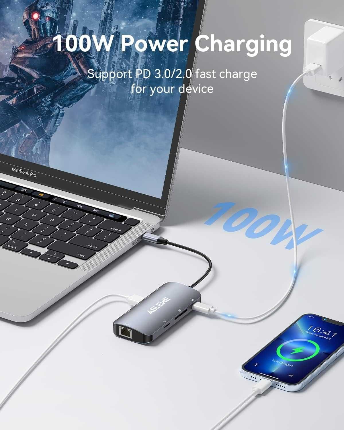 Hub USB C, 8 w 1 adapter wieloportowy USB C na HDMI z 1000 m Ethernet