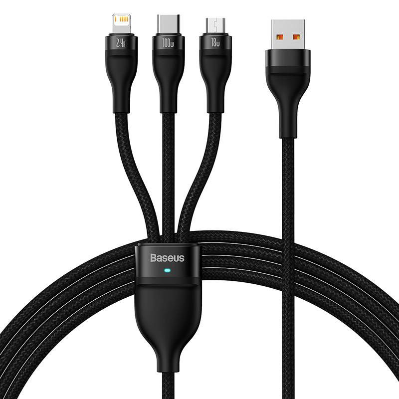 Kabel USB 3w1 Baseus Flash Series, USB-C + micro USB + Lightning, 100W