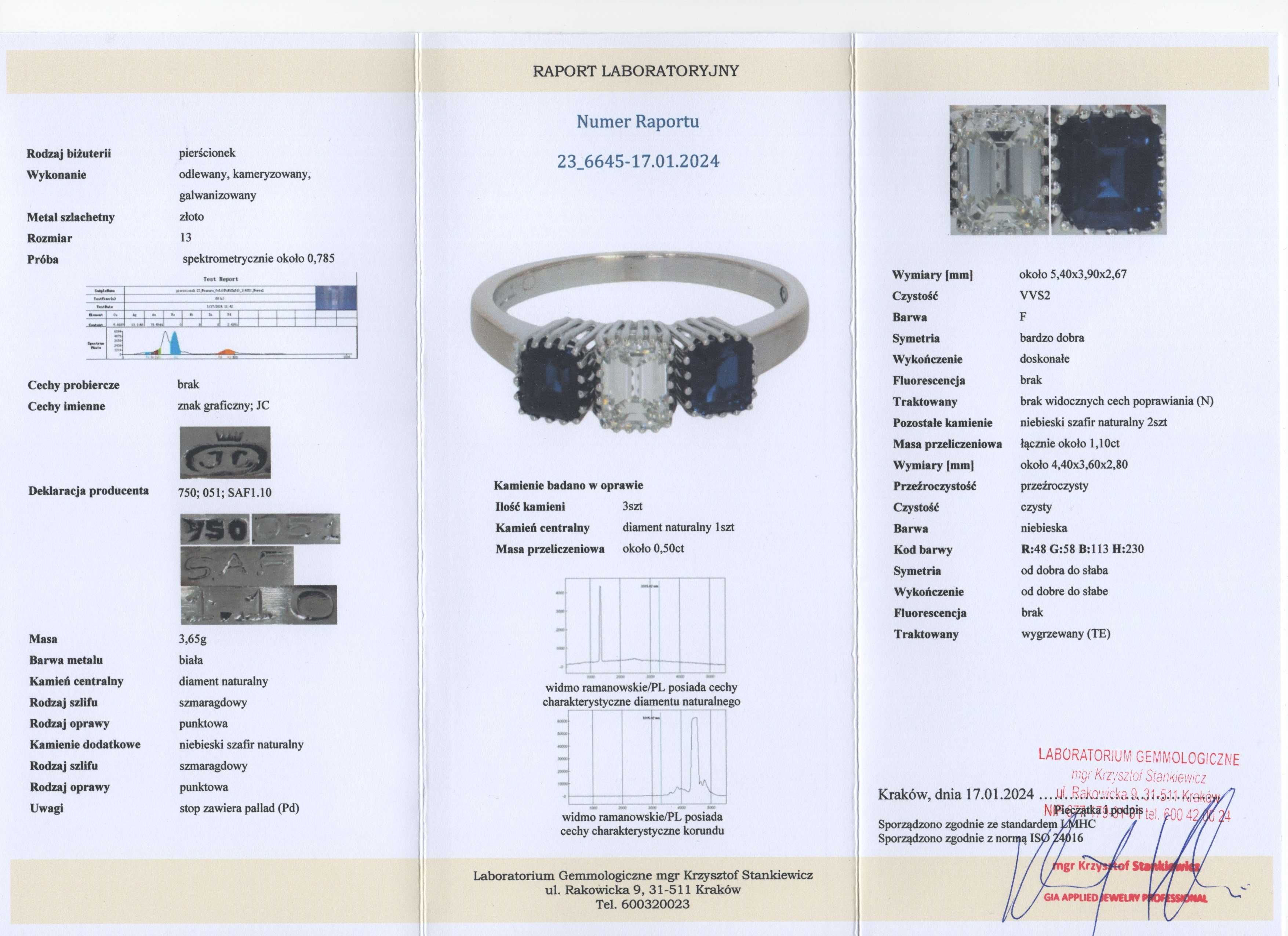 Chabrowy Złoty Pierścionek - 18K - 3,65g - SZAFIRY - DUŻY DIAMENT